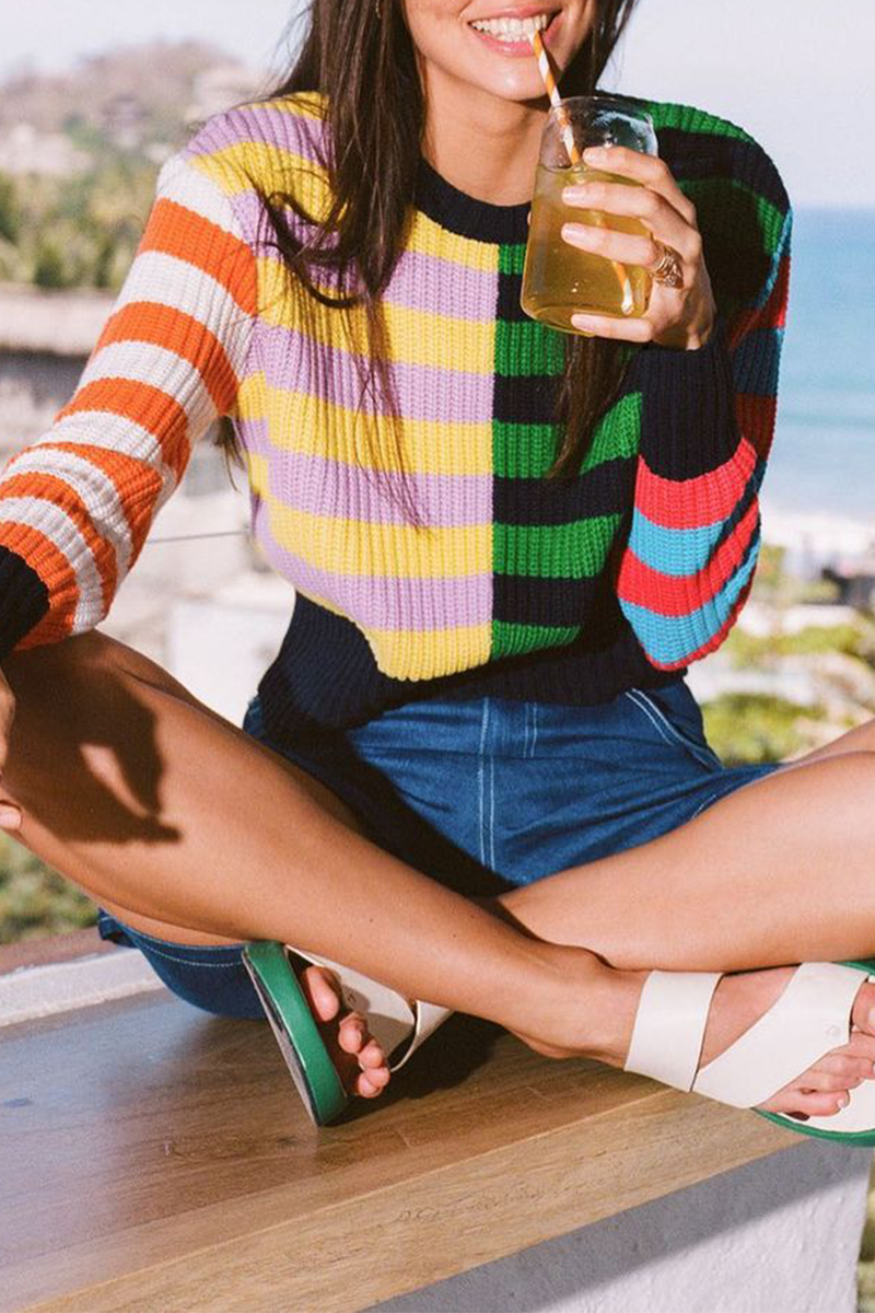 Plaid Patchwork O Neck Tops Sweater