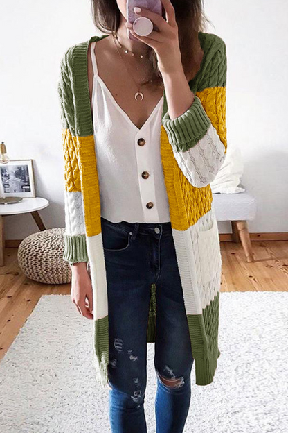 Color Lump Pocket Contrast V Neck Tops Cardigans(3 Colors)