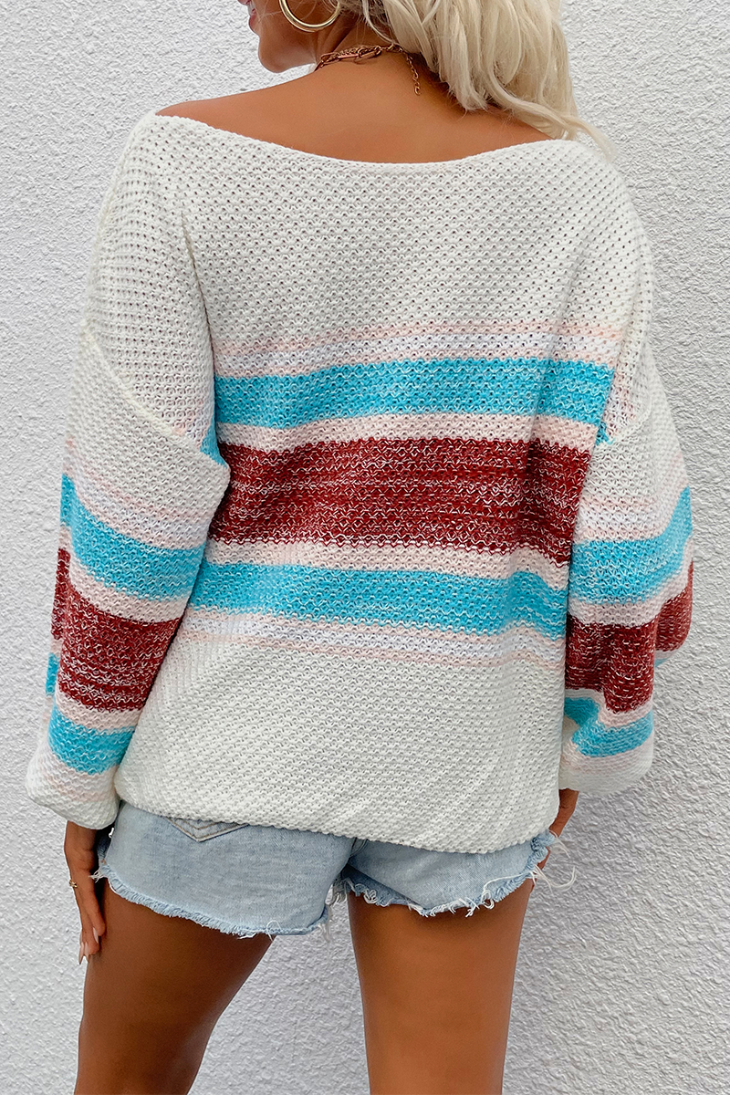 Striped Patchwork Off the Shoulder Tops Sweater