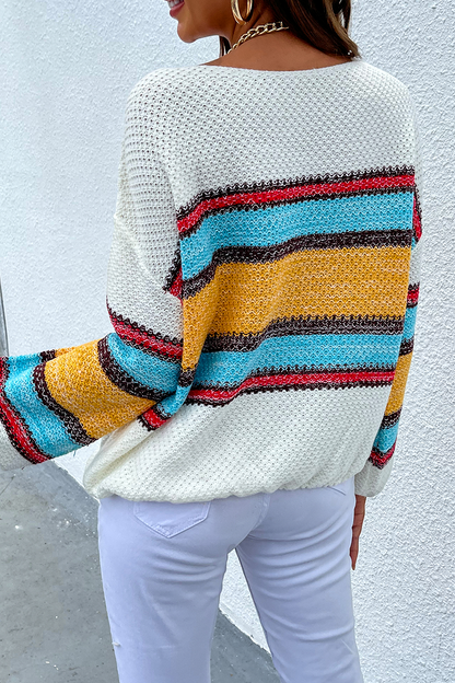 Striped Patchwork Off the Shoulder Tops Sweater