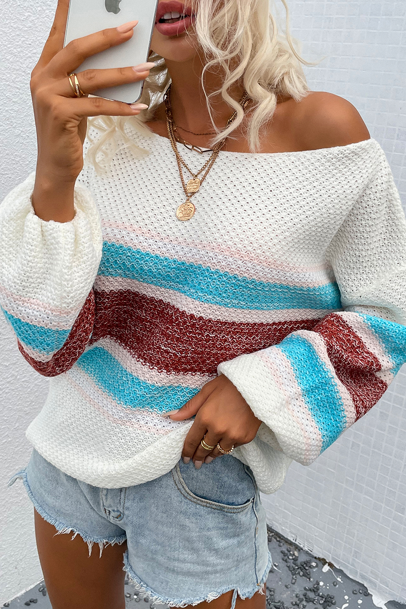 Striped Patchwork Off the Shoulder Tops Sweater