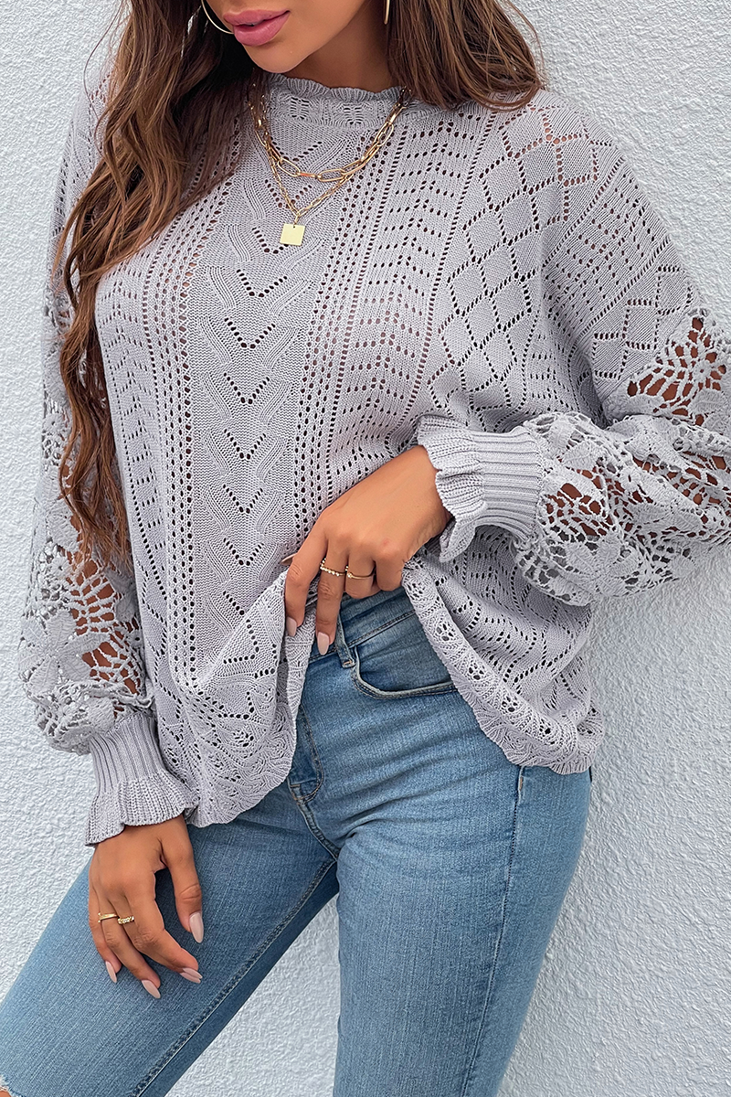 Lace Hollowed Out O Neck Tops Sweater(4 Colors)