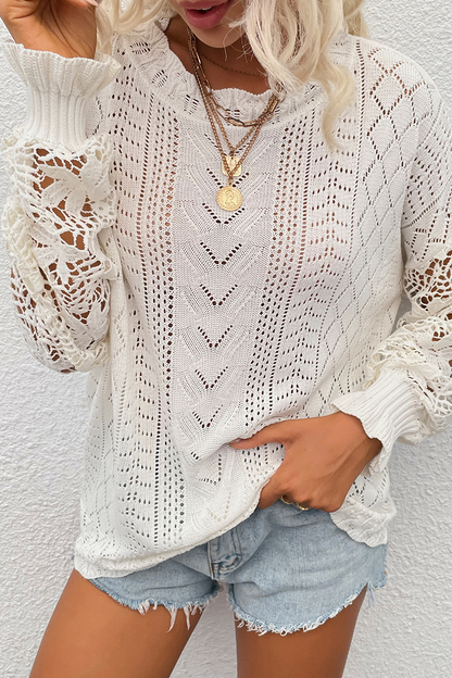 Lace Hollowed Out O Neck Tops Sweater(4 Colors)