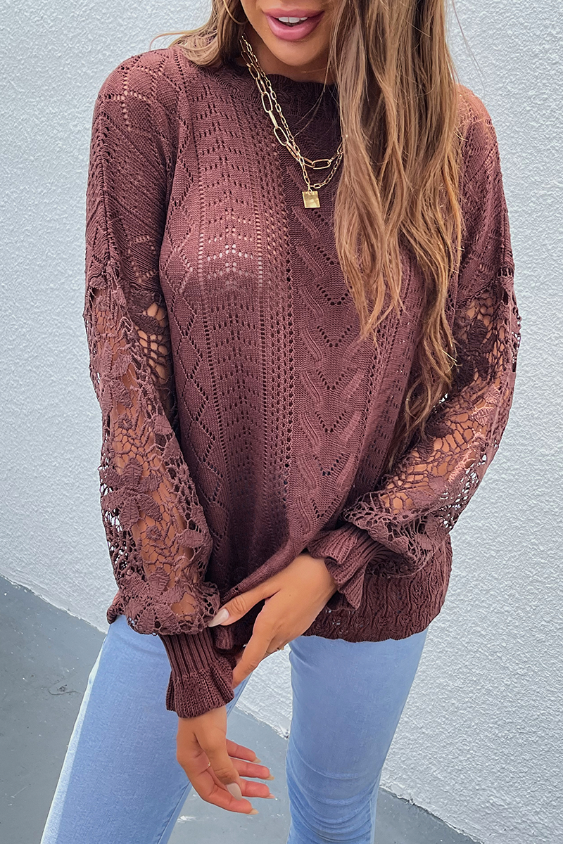Lace Hollowed Out O Neck Tops Sweater(4 Colors)