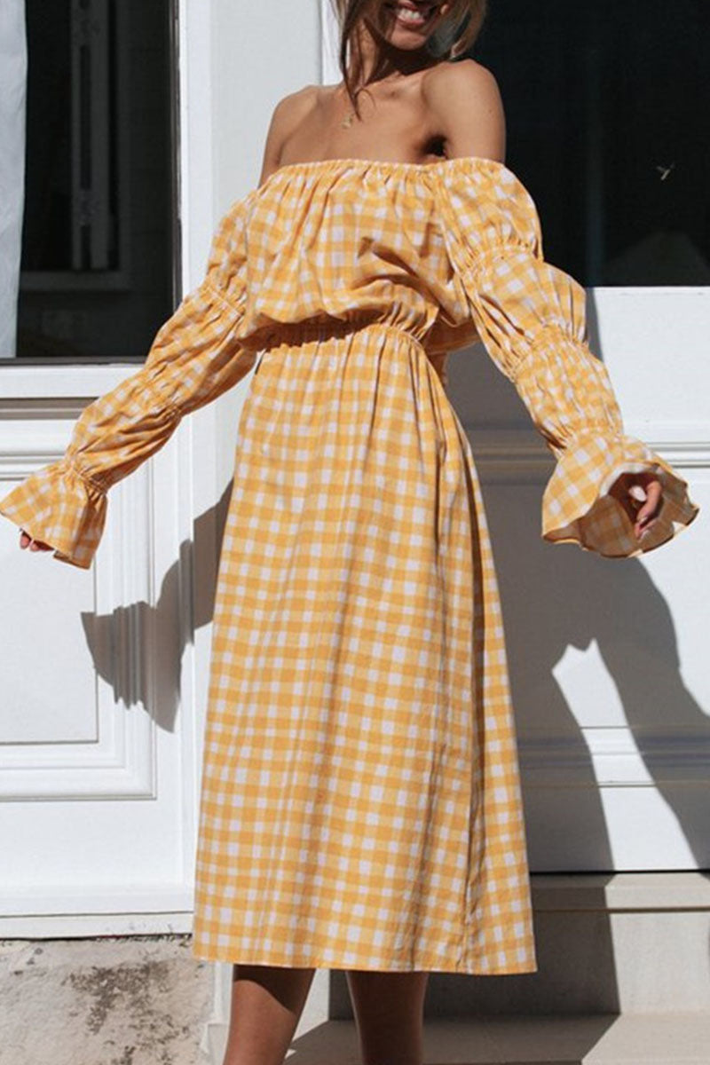 Street Plaid Patchwork Off the Shoulder Waist Skirt Dresses