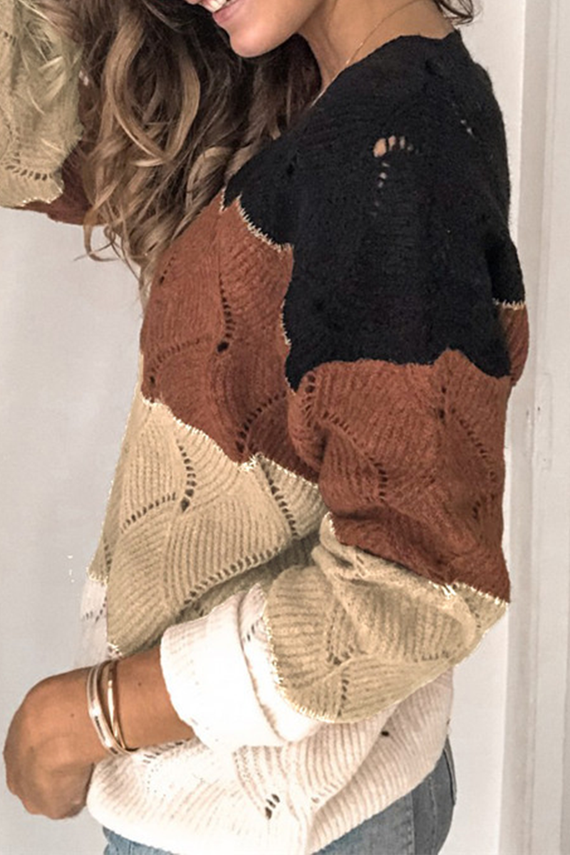 Patchwork Contrast V Neck Tops Sweater