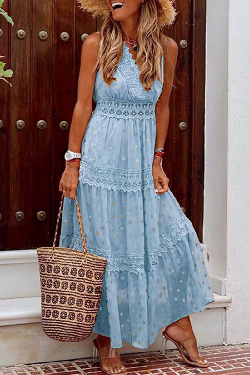 Patchwork V Neck Cake Skirt Dresses(5 Colors)
