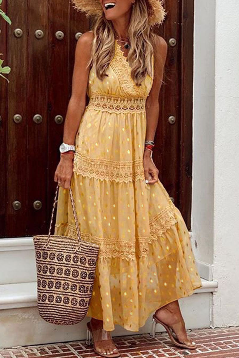 Patchwork V Neck Cake Skirt Dresses(5 Colors)