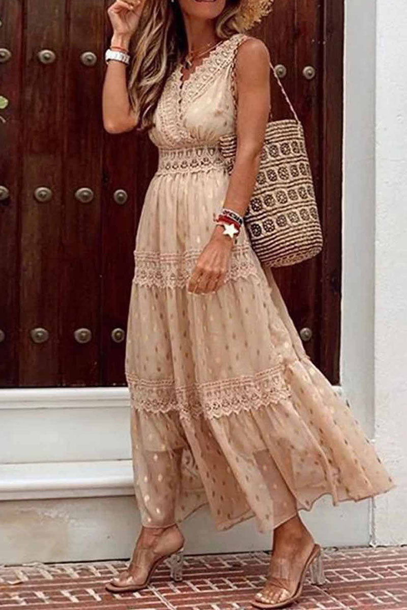 Patchwork V Neck Cake Skirt Dresses(5 Colors)
