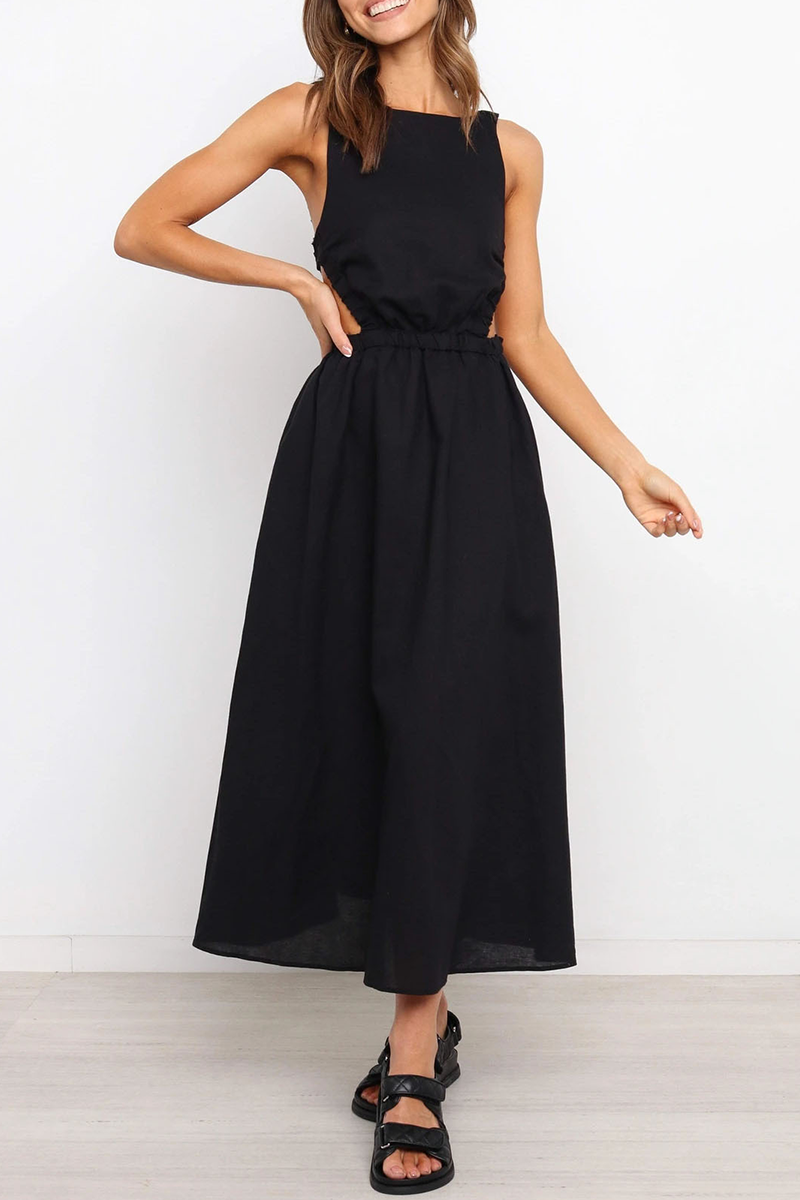 Backless O Neck Waist Skirt Dresses(4 Colors)