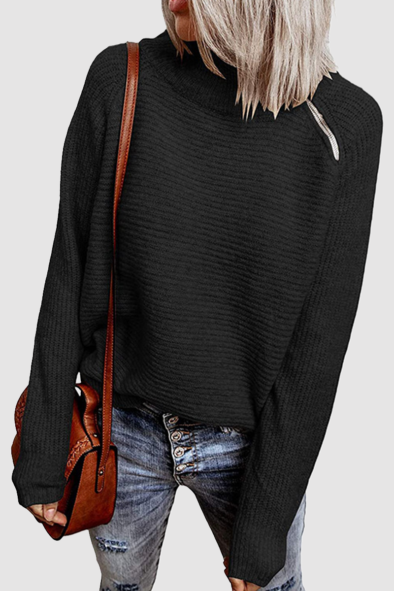 Patchwork Zipper O Neck Tops Sweater