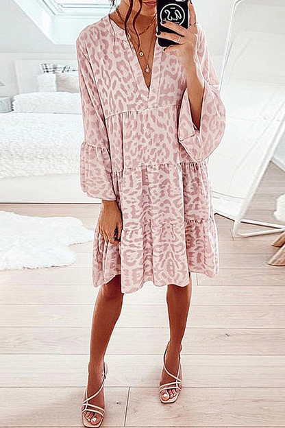 Print Patchwork Flounce V Neck Cake Skirt Dresses