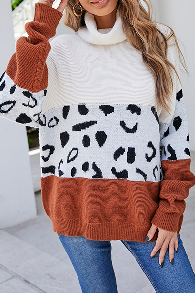 Leopard Patchwork Contrast Turtleneck Sweaters(3 Colors)