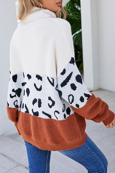Leopard Patchwork Contrast Turtleneck Sweaters(3 Colors)