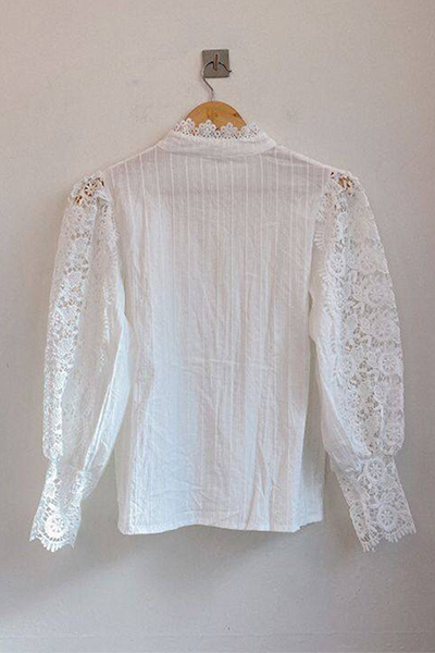 Patchwork Lace Hollowed Out Buckle Mandarin Collar Blouses(3 Colors)