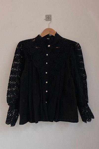 Patchwork Lace Hollowed Out Buckle Mandarin Collar Blouses(3 Colors)