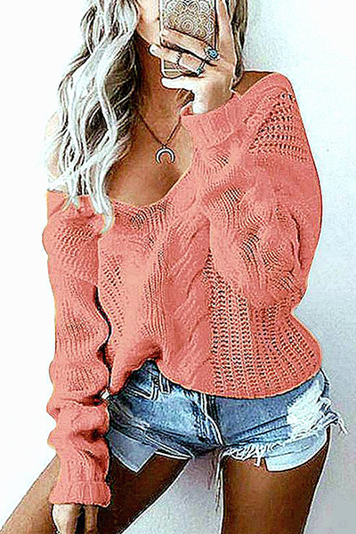 Hollowed Out Patchwork V Neck Sweaters(6 Colors)