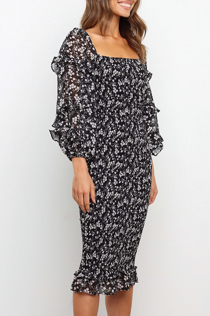 Flounce Square Collar Pencil Skirt Dresses