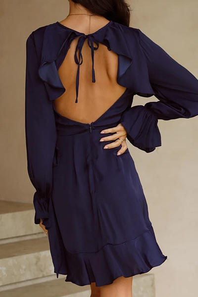 Patchwork Backless Flounce O Neck Waist Skirt Dresses
