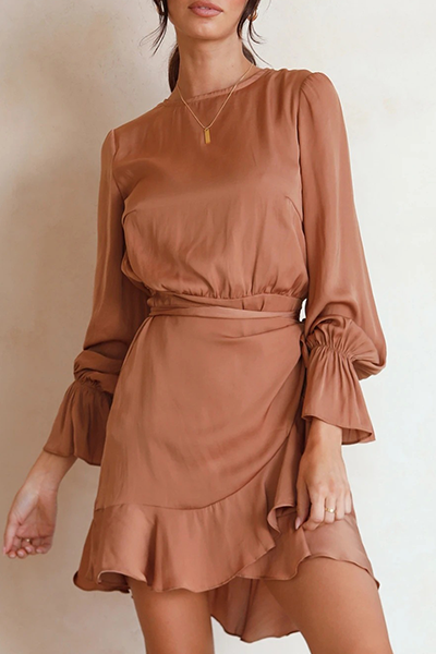 Patchwork Backless Flounce O Neck Waist Skirt Dresses
