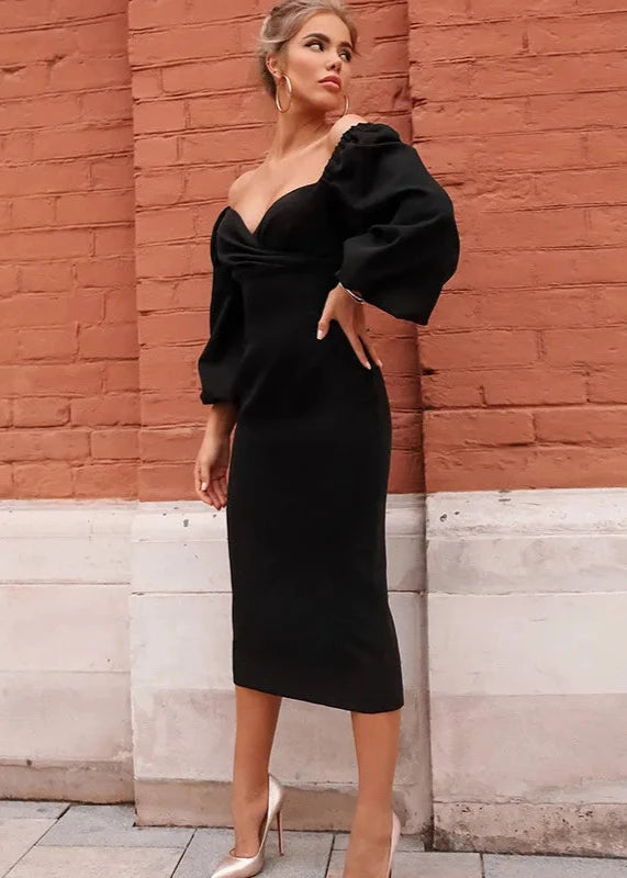 Puff Sleeve Midi Dress - Waist-cinching Silhouette