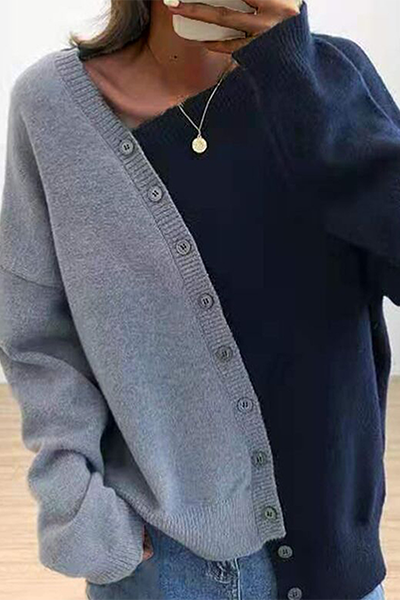 Patchwork Buckle Contrast Oblique Collar Tops Sweater