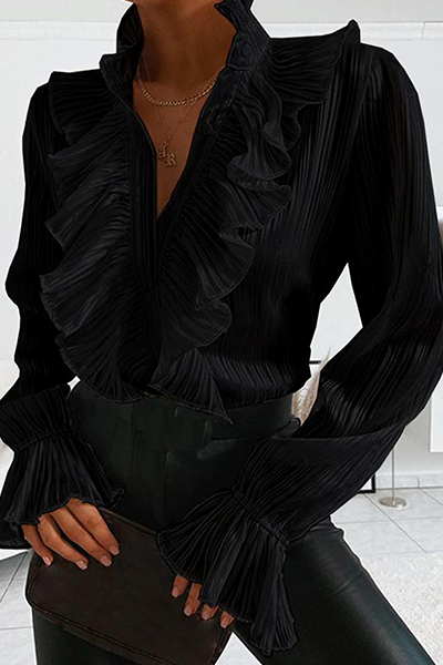 Buckle Flounce Mandarin Collar Blouses (4 Colors)
