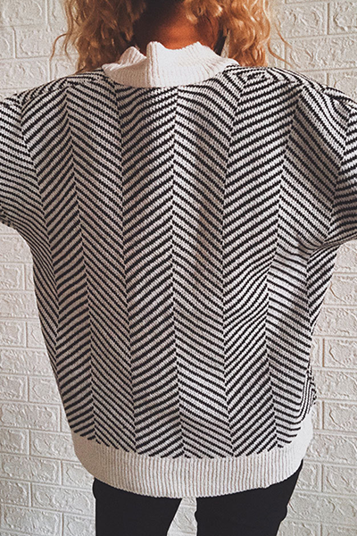 Striped Split Joint Buckle V Neck Outerwear Sweater