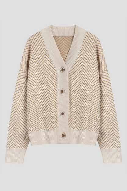 Striped Split Joint Buckle V Neck Outerwear Sweater