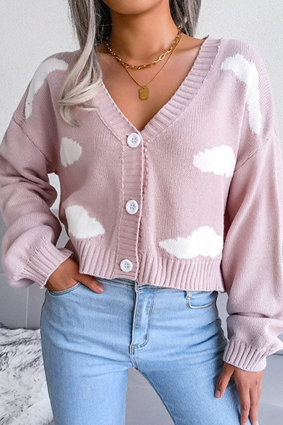 Patchwork Buckle Contrast V Neck Tops Sweater