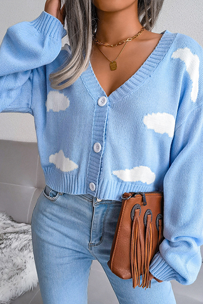 Patchwork Buckle Contrast V Neck Tops Sweater