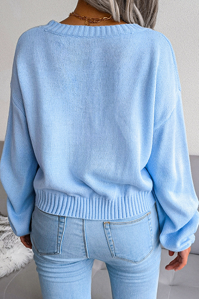 Patchwork Buckle Contrast V Neck Tops Sweater