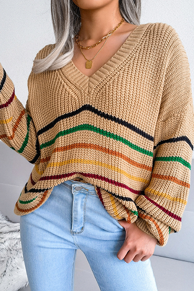 Striped Split Joint V Neck Tops Sweater