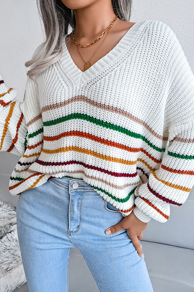Striped Split Joint V Neck Tops Sweater