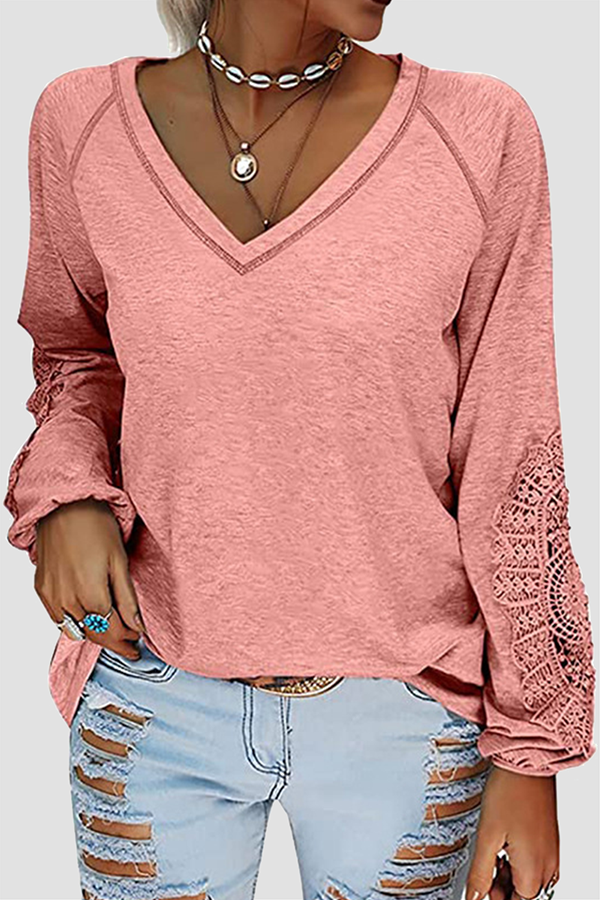 Lace Patchwork V Neck T-shirts(6 Colors)