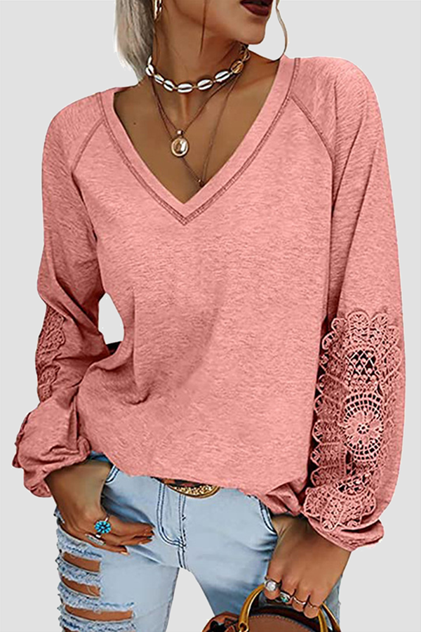 Lace Patchwork V Neck T-shirts(6 Colors)