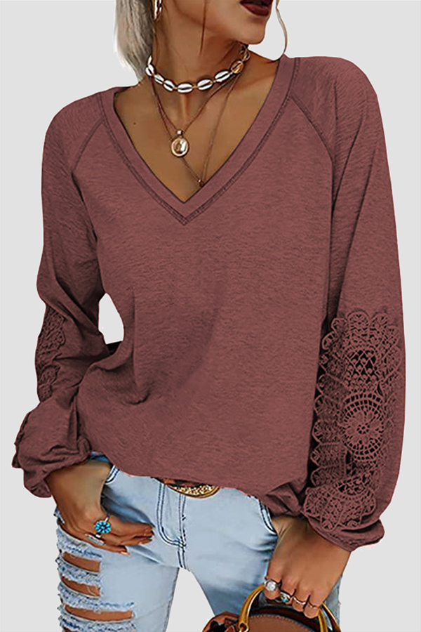 Lace Patchwork V Neck T-shirts(6 Colors)