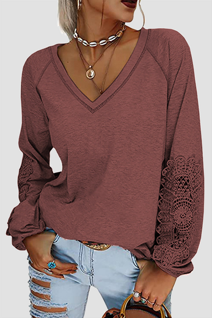 Lace Patchwork V Neck T-shirts(6 Colors)