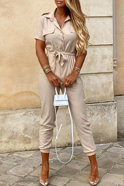 Buckle With Belt Turndown Collar Jumpsuits(12 Colors)