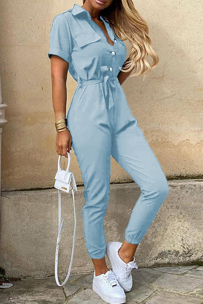 Buckle With Belt Turndown Collar Jumpsuits(12 Colors)