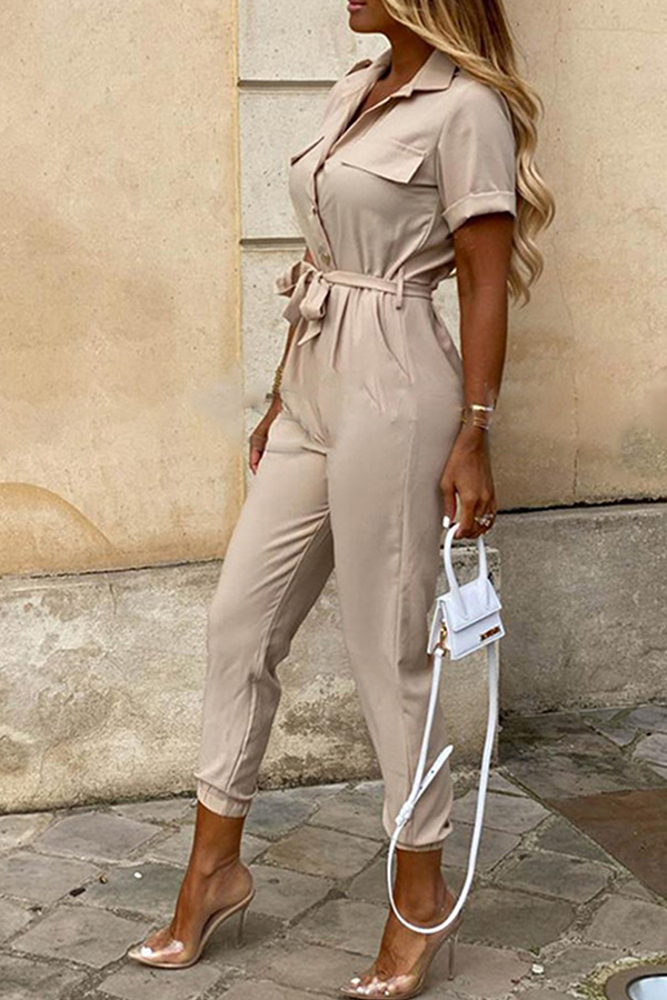 Buckle With Belt Turndown Collar Jumpsuits(12 Colors)