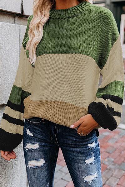 Striped Split Joint Contrast O Neck Tops Sweater