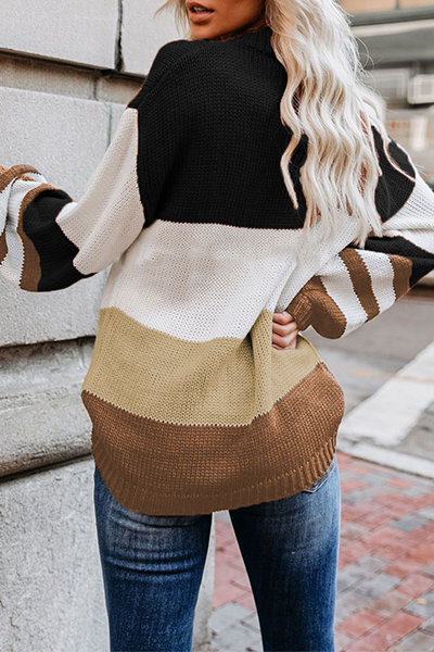 Striped Split Joint Contrast O Neck Tops Sweater