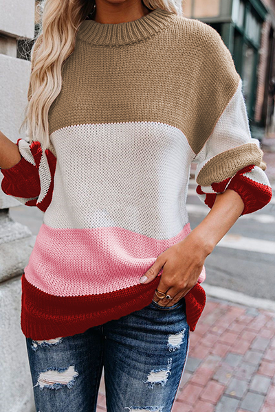 Striped Split Joint Contrast O Neck Tops Sweater