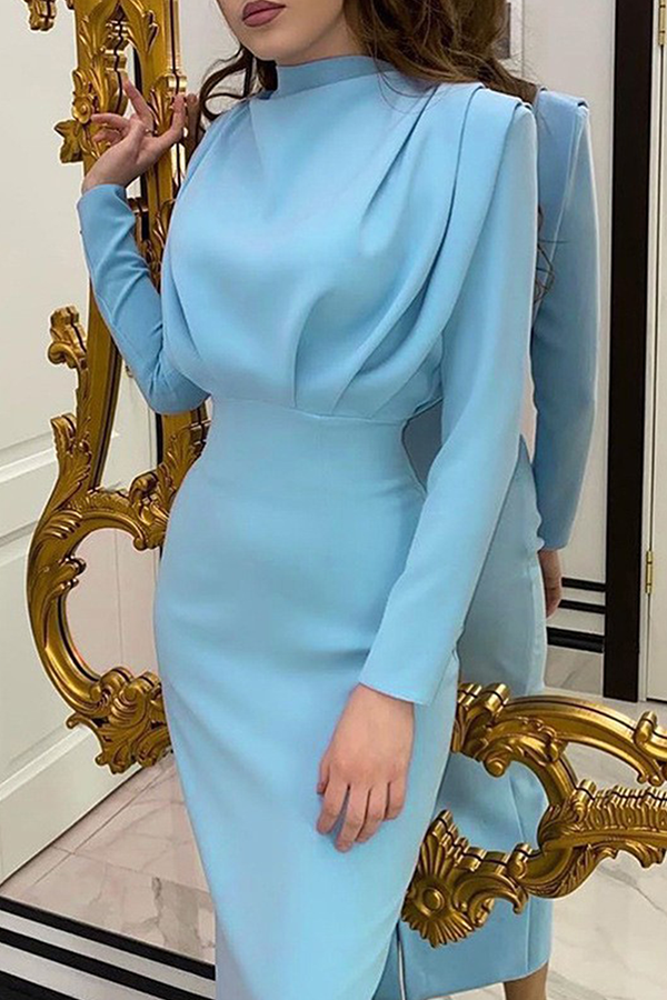 Fold Mandarin Collar Waist Skirt Dresses(5 Colors)