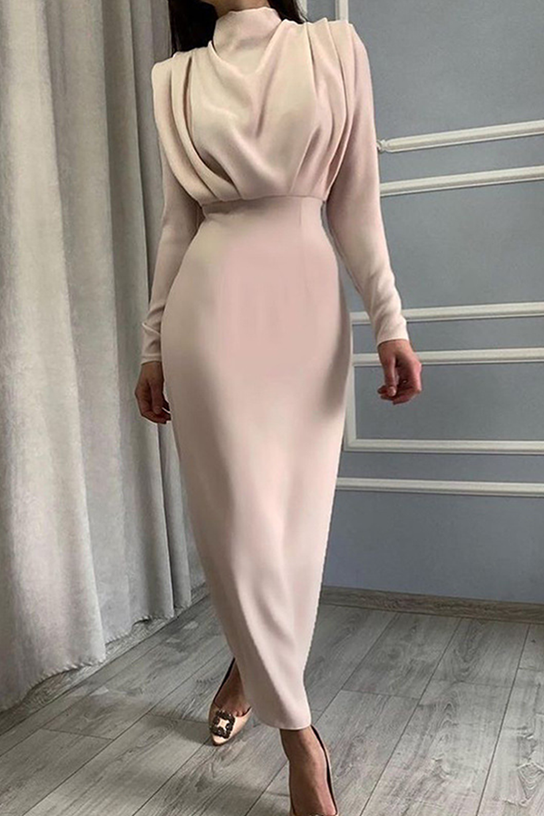 Fold Mandarin Collar Waist Skirt Dresses(5 Colors)