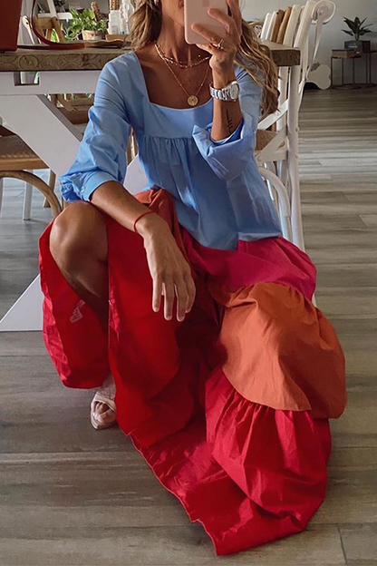 Patchwork Flounce Contrast Square Collar Cake Skirt Dresses