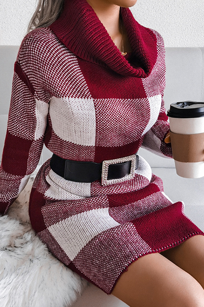 Plaid Split Joint Contrast Turtleneck Pencil Skirt Dresses Sweater (without Belt)