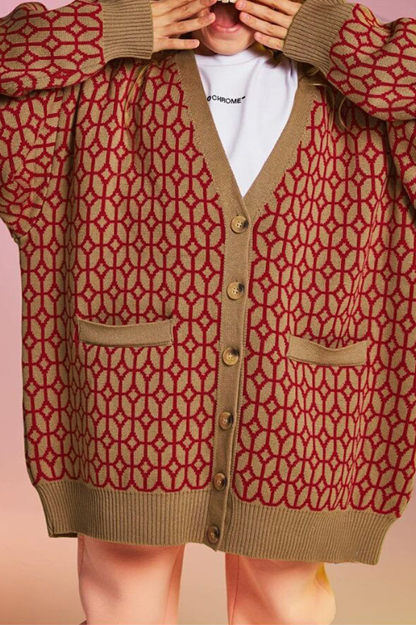 Geometric Patchwork Buckle V Neck Outerwear Mock Pocket Sweater