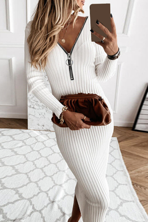 Patchwork Zipper V Neck Pencil Skirt Dresses(3 Colors)